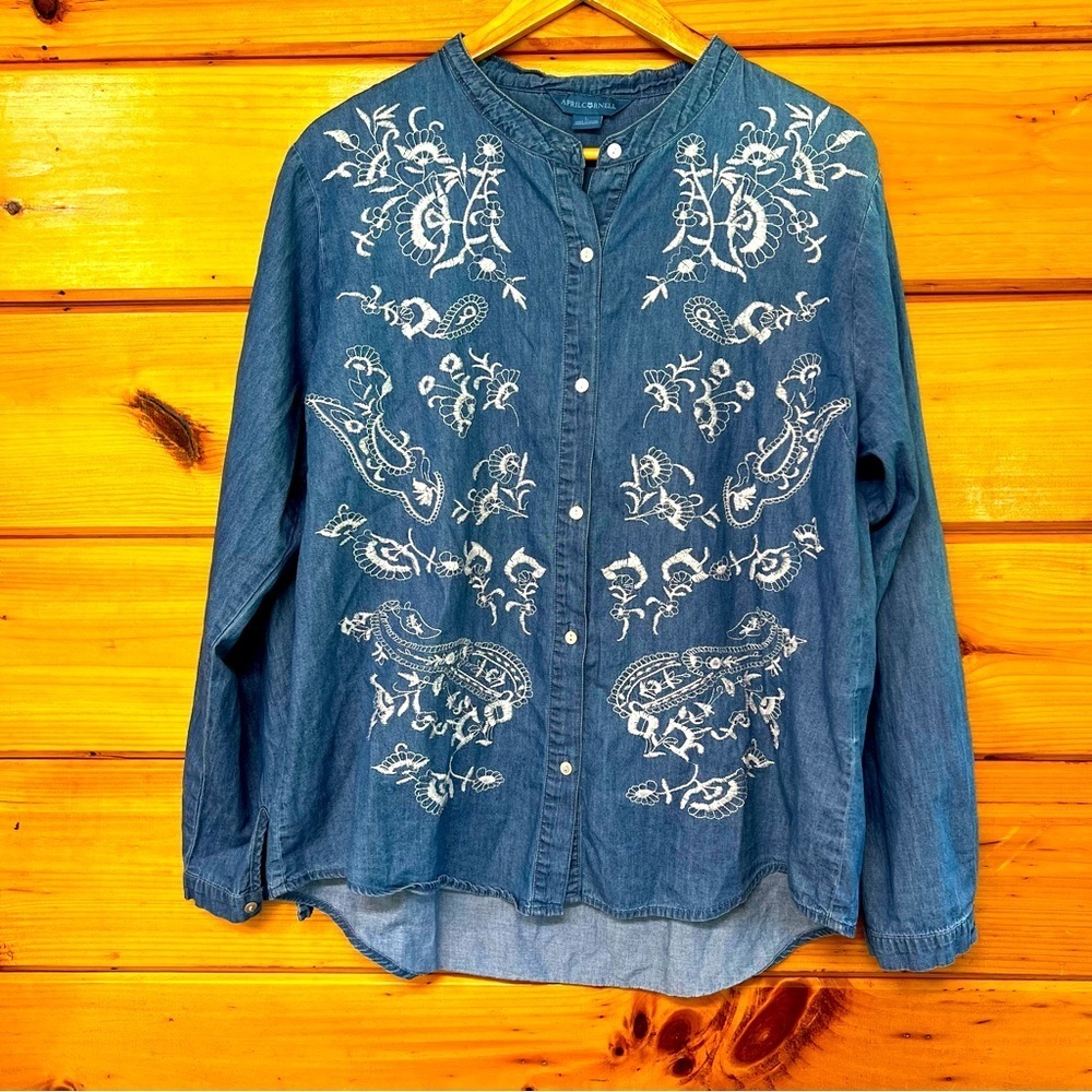 April Cornell Tunic Womens L Cotton Blue Embroidered Boho Long Sleeve